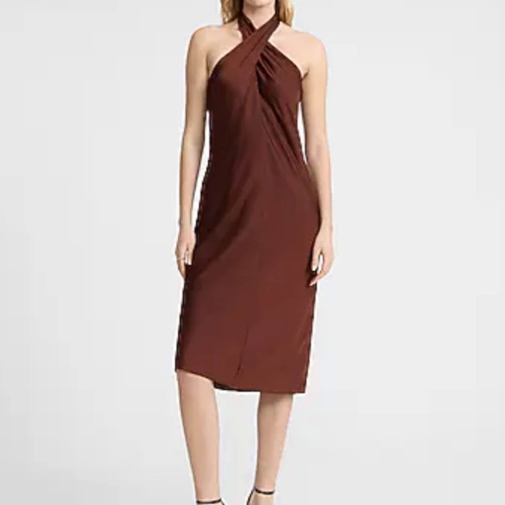 Express High Neck Halter Brown Midi Dress
